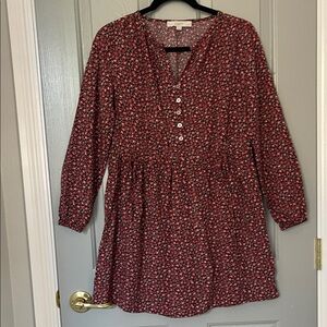 LOFT Red Black Floral Print Button Front Blouse
